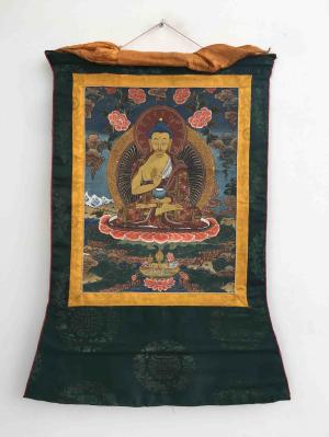 Old Blessing Buddha Thangka Painting with Brocade | Vintage Collection | Very Rare Thangka | Tibetan Wall Hanging